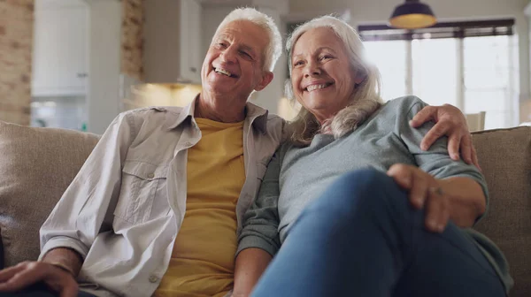 Our Retirement Plan All Happy Senior Couple Sitting Sofa Home — 스톡 사진