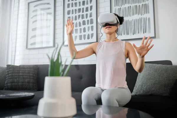 Metaverse Technology Woman Living Room Her Home Using Headset Access — Stock Fotó