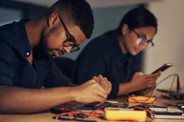 Hardest Working Tech Repair Team Two Young Technicians Repairing Computer — Fotografia de Stock