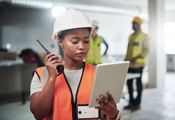 Excellence Construction Young Woman Using Digital Tablet Walkie Talkie While — Stock Fotó