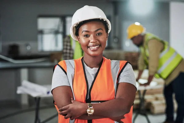 Put Pro Property Manufacturing Portrait Confident Young Woman Working Construction — Stock Fotó