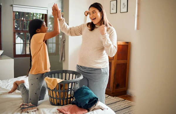 Mother Child High Five Laundry Basket Housework Helping Chores Together — Stock Photo, Image