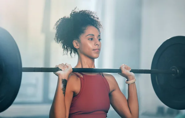 Gym Barbell Workout Black Woman Doing Muscle Fitness Performance Strength — 스톡 사진