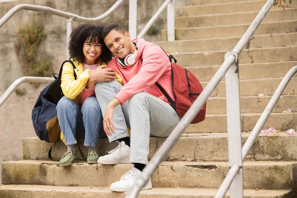 Portrait Education Stairs Student Black Couple Sitting Outdoor Together University — Stock Photo, Image