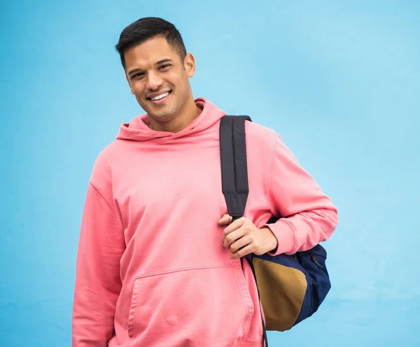 University Student Portrait Man Backpack Studio Happy Smile Blue Background — Fotografia de Stock