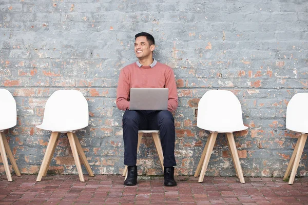 Recruitment Thinking Man Brick Wall Sitting Line Laptop Job Opportunity — Fotografia de Stock