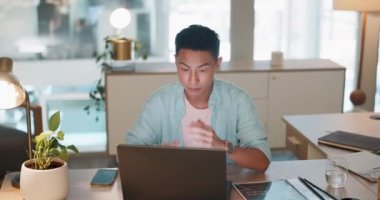 Laptop, business man and stress, tired or headache working in office with fatigue, anxiety or depression. Sad, depressed and mental health risk of digital online worker or employee burnout and crisis.