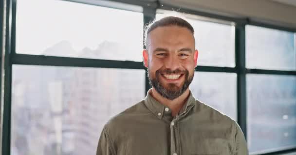Face Goals Smile Business Man Work Standing His Office Vision — Vídeos de Stock