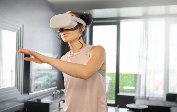 Virtual Reality Metaverse Technology Woman Living Room Her Home Using — Stock Fotó