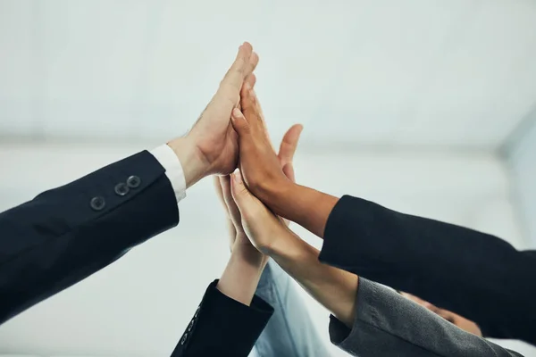 Team Puts Power Group Businesspeople Joining Hands Solidarity — Stock Photo, Image