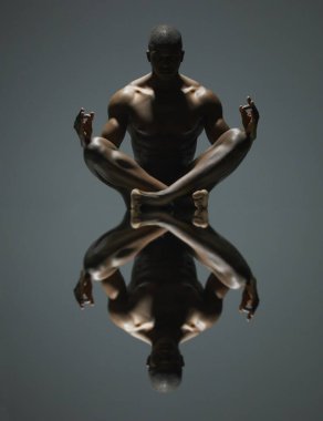 Black man, meditation and mirror reflection on dark background for spiritual wellness or symmetry. Portrait of a naked, nude or bare African American male model sitting and meditating doppelganger. clipart