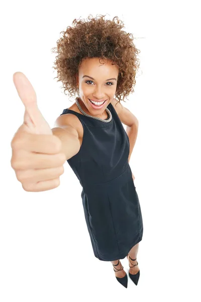 Success Leader Black Woman Thumbs Portrait Proud Smile Vote Corporate — Fotografia de Stock