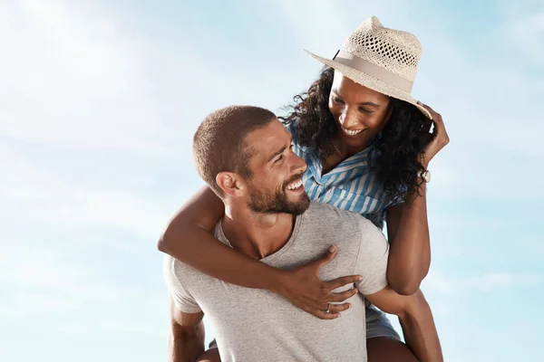 Our Love Something Special Young Man Piggybacking His Girlfriend Beach — Stock Photo, Image