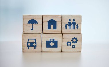 Wooden, cubes or stack in house risk management, security or future protect on background desk mockup or home table. Zoom, building blocks or life insurance in medical, car loan or mock up cog wheel.