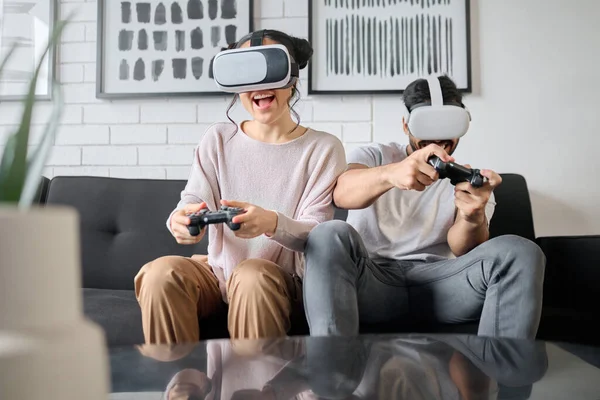 Gaming Metaverse Couple Playing Video Games Home Together Fun Enjoyment — Stock Fotó
