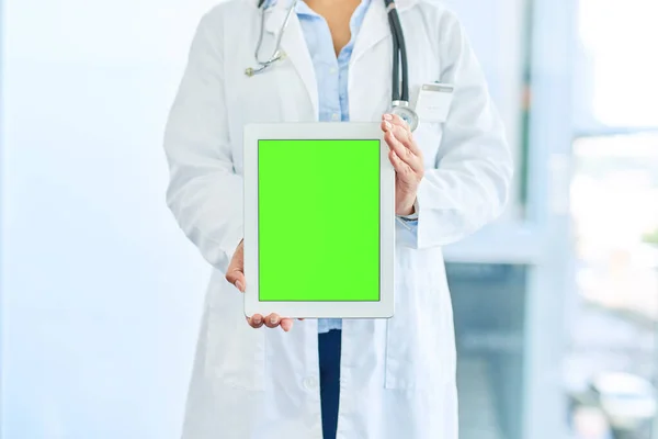 Take Advice Closeup Shot Unrecognizable Doctor Holding Digital Tablet Chroma — стоковое фото