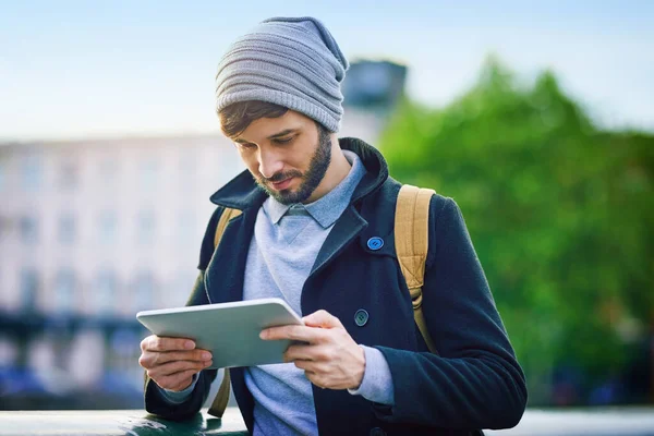 Navigating City Smart Tech Young Man Using Digital Tablet While — Φωτογραφία Αρχείου