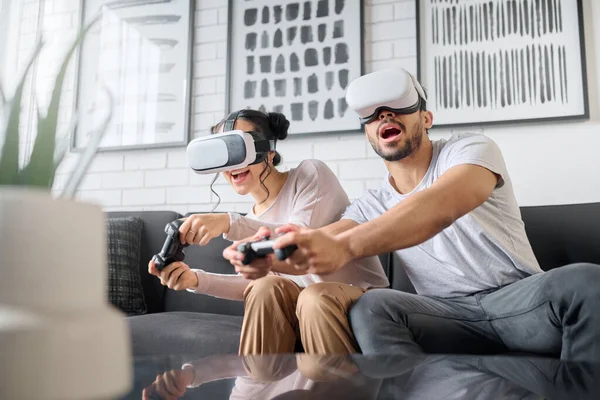 Virtual Reality Gaming Metaverse Couple Playing Video Games Home Together — Stock Fotó