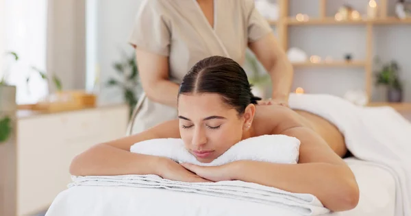 Relax woman, spa back massage and luxury wellness for zen therapy, beauty and rich skincare. Therapist muscle reflexology on salon bed, stress relief and healthy body, holistic detox and self care.