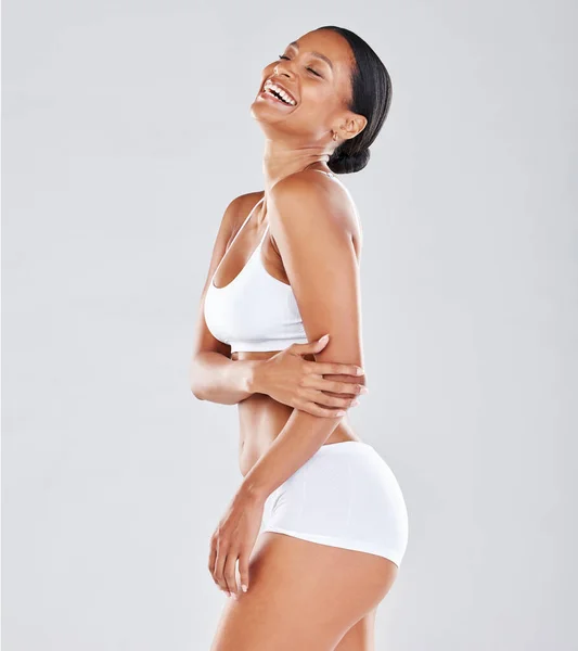 Fitness Skincare Black Woman Underwear Smile Confident Girl Grey Studio — Fotografia de Stock