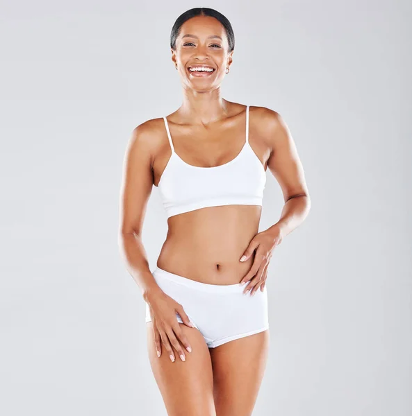 Body Woman Underwear Portrait Smile Fitness Health Wellness Isolated Studio — Fotografia de Stock