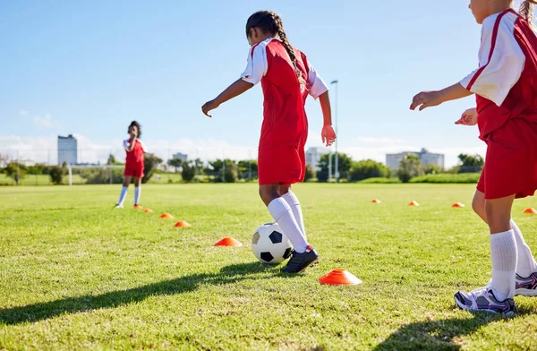 Football, training or sports and a girl team playing with a ball together on a field for practice. Fitness, soccer and grass with kids running or dribbling on a pitch for competition or exercise.