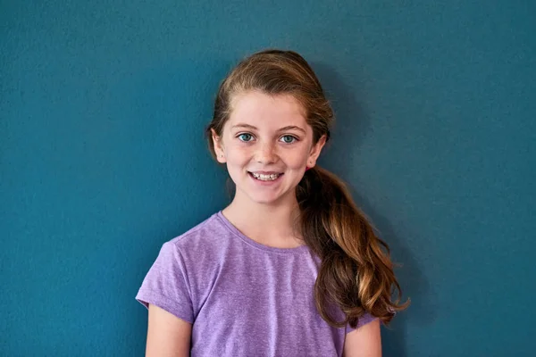 Happy Being Studio Portrait Adorable Little Girl Posing Blue Background —  Fotos de Stock