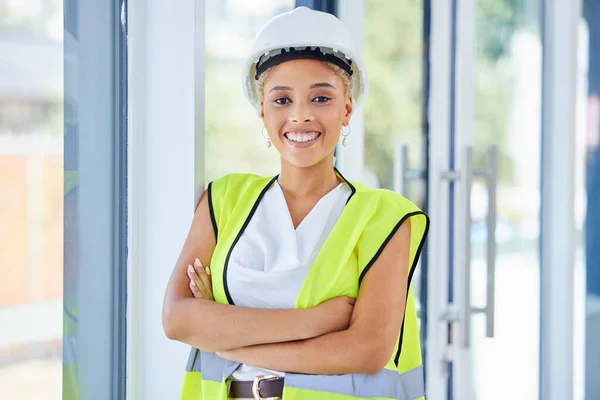 Portrait Construction Worker Black Woman Architecture Career Vision Leadership Goals — Stock Fotó