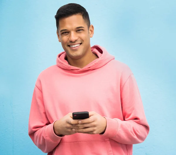 Happy Man Portrait Phone Typing Isolated Blue Background Social Media — Fotografia de Stock