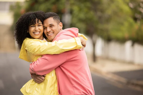 Happy Black Couple Hug Love Portrait People Care Bonding Outdoor — Stockfoto
