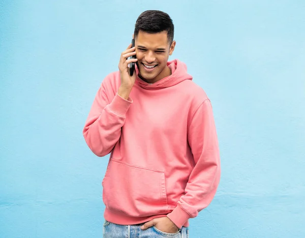 Casual Man Phone Laughing Call Communication Standing Isolated Blue Background — Fotografia de Stock