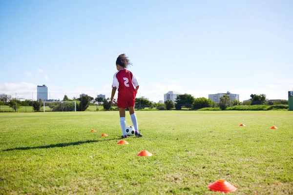 Soccer Mockup Sports Girl Training Alone Ball Field Practice Skill — Stock fotografie