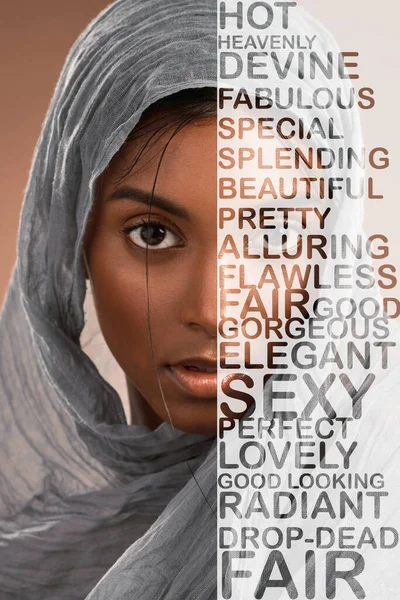 Beautiful, modest and portrait of a Muslim woman with words of affirmation isolated on a background. Reminder, confidence and Islamic girl with an hijab, message and empowerment on a studio backdrop.
