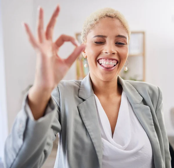 Portrait Tongue Emoji Business Black Woman Winking Her Office Work — Zdjęcie stockowe