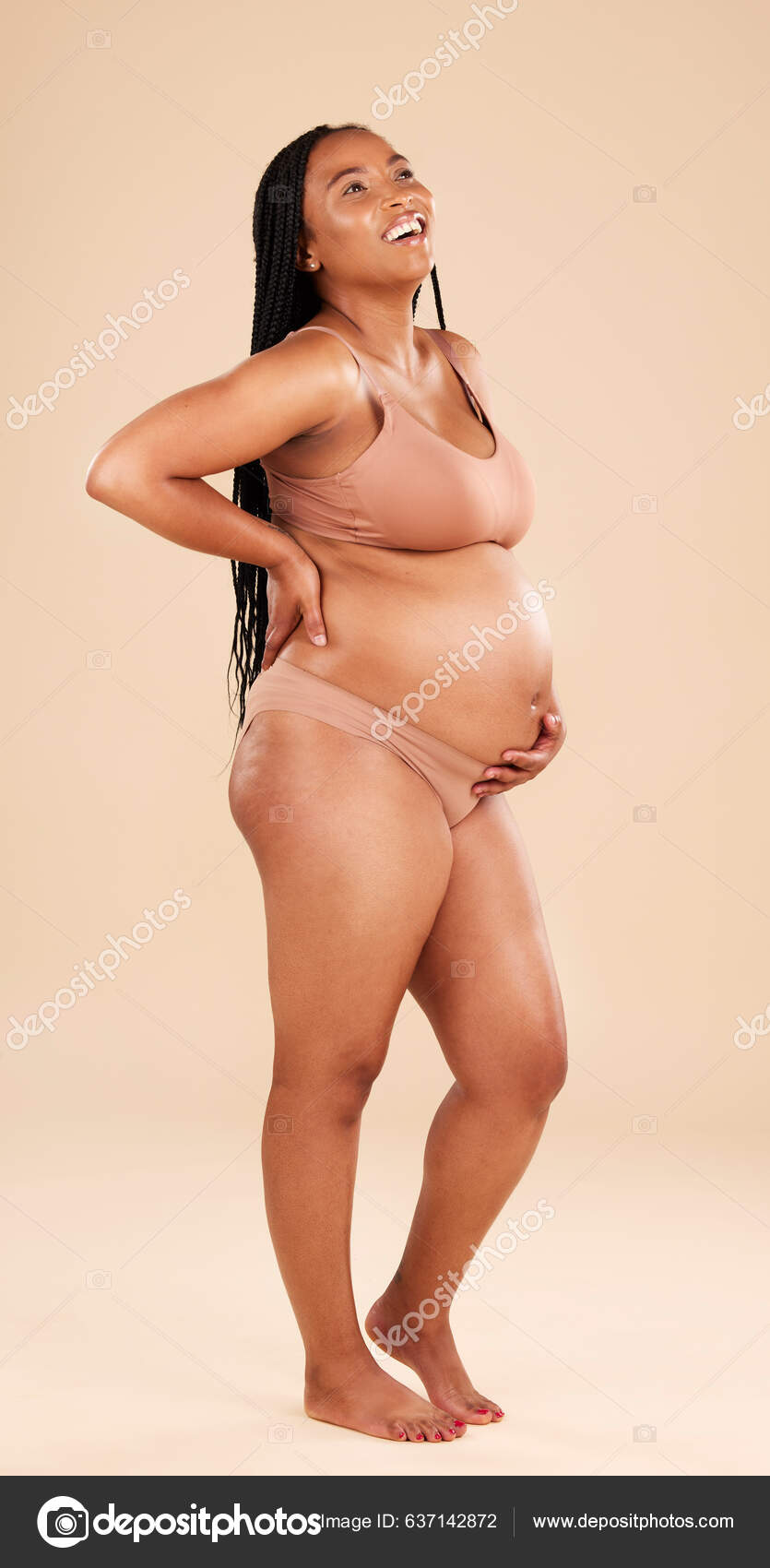 Pregnancy, underwear and studio women with smile, happy and excited for  baby, stomach growth or mot Stock Photo by YuriArcursPeopleimages
