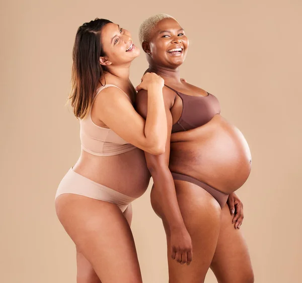 Laughing, body or holding pregnancy stomach in underwear on studio  background protection, woman love or baby support. Smile, happy or funny  pregnant mother with belly or joke on mock up - SuperStock