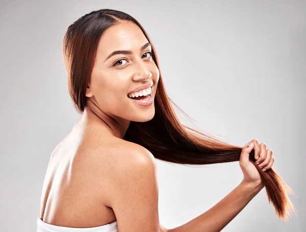 Portrait Happy Woman Studio Strong Hair Healthy Salon Treatment Grey — Φωτογραφία Αρχείου