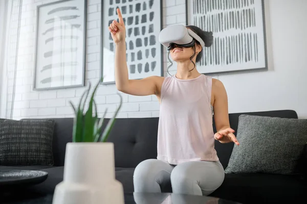 Virtual Reality Metaverse Gaming Woman Living Room Her Home Using — Stock Fotó