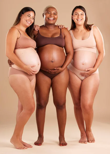 Pregnant Body Portrait Women Belly Support Touch Hope Community Diversity — Photo