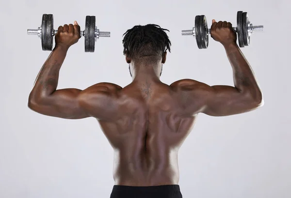 Fitness Exercise Training Strong Black Man Dumbbell Studio Body Back — Zdjęcie stockowe