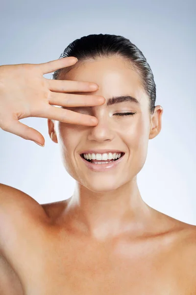Skincare Beauty Happy Face Woman Studio Smile Natural Cosmetic Product — Fotografia de Stock