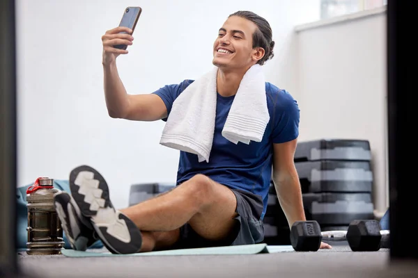 Fitness Happy Man Selfie Social Media Profile Picture Towel Workout — Stok fotoğraf