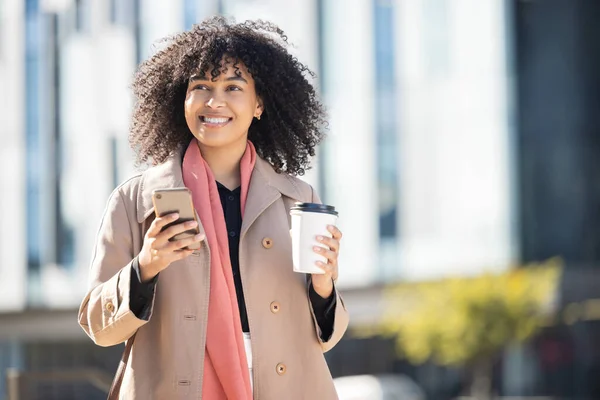 City Happy Black Woman Phone Internet Research Communication Networking Tech — Foto Stock