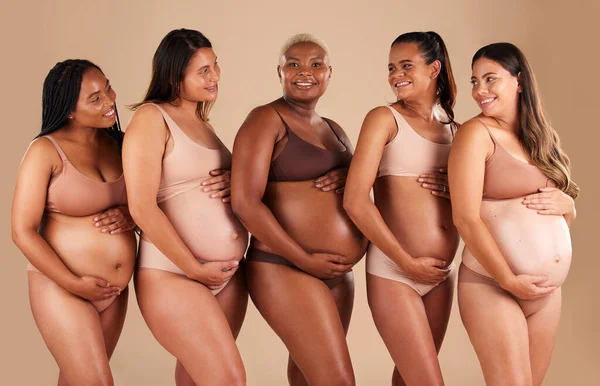 stock image Happy women, body or holding pregnant stomach in support line, solidarity or community diversity on studio background. Pregnancy, friends and people in underwear for belly growth or mothers day pride.