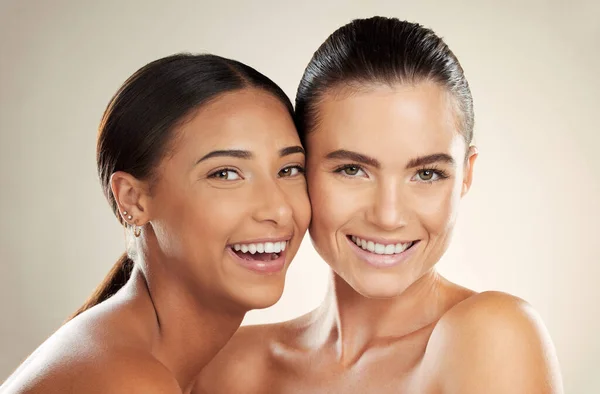 Beauty, diversity or happy portrait of women with natural cosmetics, healthy skincare glow or luxury self care. Dermatology, spa salon and aesthetic friends with facial makeup, wellness or healthcare.