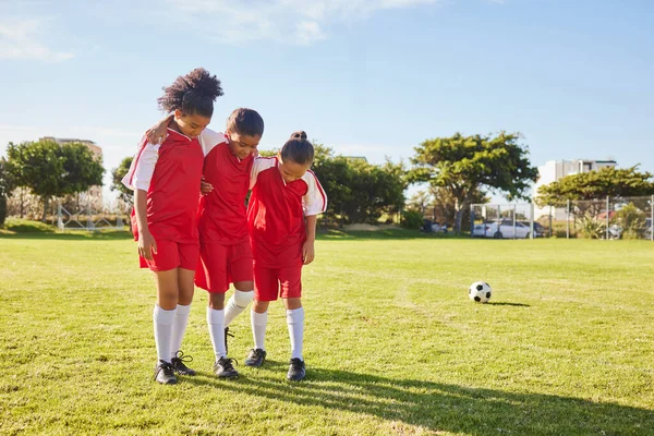Children Soccer Girl Team Help Support Walking Injured Friend Soccer — Stock fotografie