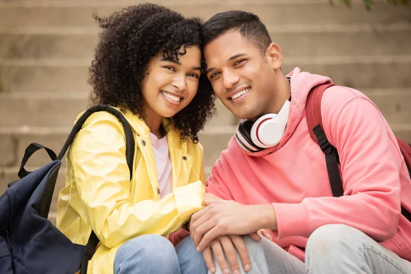 Portrait Learning Stairs Student Black Couple Sitting Outdoor Together University — Stok Foto