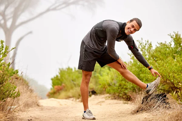 Fitness Stretching Legs Portrait Man Nature Trail Running Marathon Training — Stockfoto