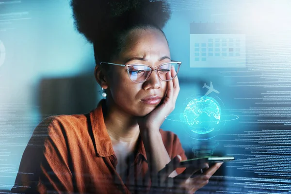 Phone Hologram Digital Business Black Woman Doing Research Using Technology —  Fotos de Stock