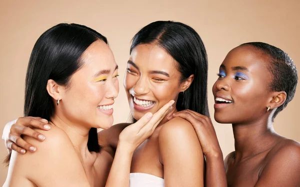 Diversity, beauty makeup and women smile for skincare wellness and cosmetics dermatology in brown background studio. Young model support, happiness and luxury spa treatment for natural glowing skin.